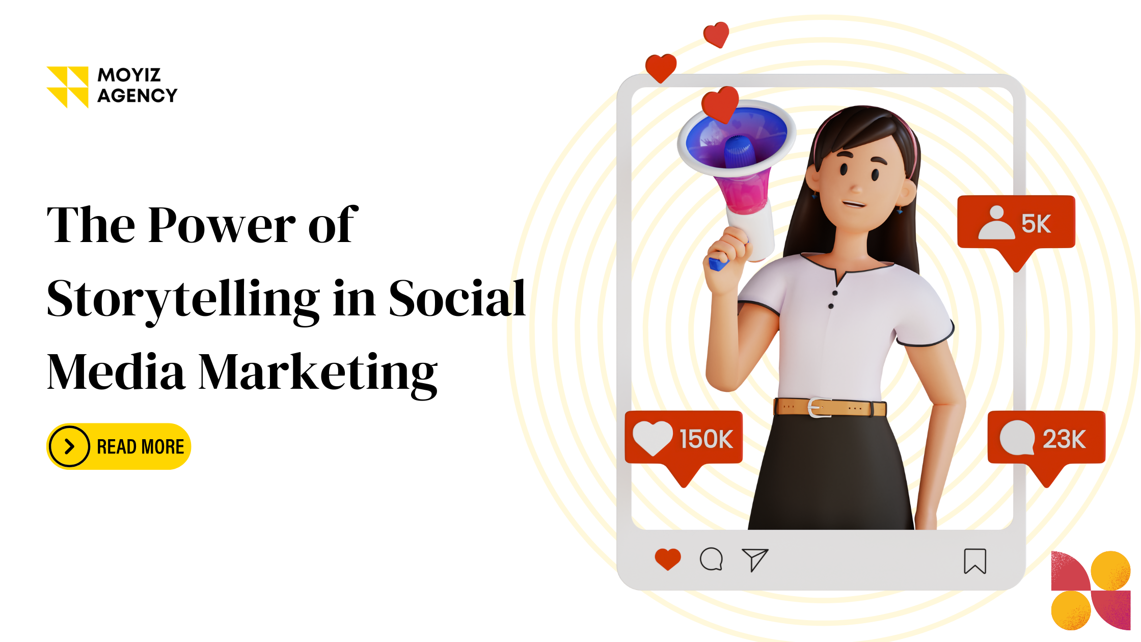 A 3D illustration of a social media influencer along with the blog title and a ‘Read More’ button.